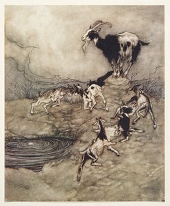 Siedem dzieciaków i ich matka podskakiwały i tańczyły wokół źródła w radości z The Fairy Tales of the Brothers Grimm, pub. 1909 autorstwa Arthur Rackham