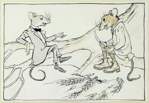 Mysz miejska i mysz wiejska, ilustracja z Bajek Ezopów, opublikowana 1912 (pióro i atrament z wc na papierze) autorstwa Arthur Rackham