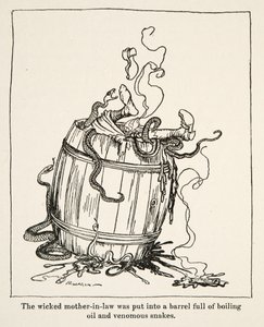 Zła teściowa została umieszczona w beczce pełnej wrzącego oleju i jadowitych węży, z Little Brother & Little Sister and Other Tales by Brothers Grimm, pub.1917 (lito) autorstwa Arthur Rackham