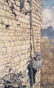 Czarownica wspięła się…, z Bajek braci Grimm, wyd. 1909 autorstwa Arthur Rackham