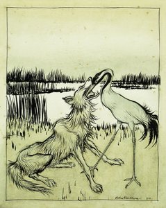 Wilk i żuraw - Bajki Ezopa, 1912 autorstwa Arthur Rackham