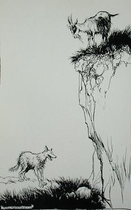 Wilk i koza, ilustracja z „Bajek Ezopa”, wydanej przez Heinemann autorstwa Arthur Rackham