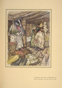 Zimowe zapasy borsuka, które rzeczywiście były wszędzie widoczne, zajmowały połowę pokoju”. autorstwa Arthur Rackham