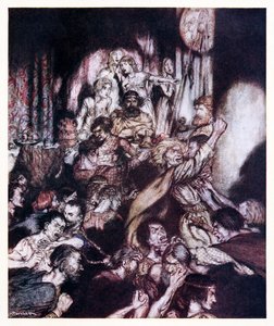 W sali bankietowej panował chaos. z The Little Brawl w irlandzkich bajkach autorstwa Arthur Rackham