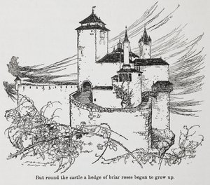Zamek otoczony cierniami z Dzikiej Róży (Śpiąca Królewna) autorstwa Arthur Rackham
