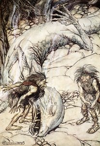 „Karnoludy kłócą się o ciało Fafnera”, 1924. autorstwa Arthur Rackham