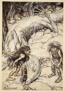 Krasnoludy kłócą się o ciało Fafnera, ilustracja z „Zygfryda i zmierzchu bogów”, 1924 autorstwa Arthur Rackham