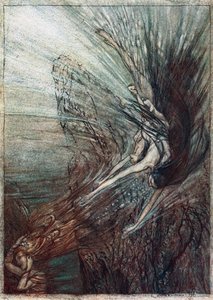 Igraszki Nadrenii. Ilustracja do Złota Renu i Walkirii Richarda Wagnera, autorstwa Arthur Rackham