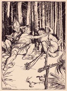 Gigant dał temu, który siedział obok niego, pudło w ucho. Ilustracja autorstwa Arthura Rackhama z baśni Grimm, The Skillful Huntsman. autorstwa Arthur Rackham