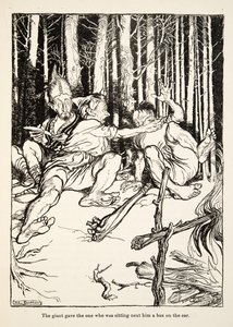 Gigant podarował siedzącemu obok pudełeczko na ucho, z Little Brother & Little Sister i Other Tales by the Brothers Grimm, pub.1917 (lito) autorstwa Arthur Rackham