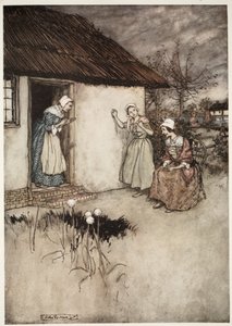 Dobre żony z wioski nigdy nie zawiodły, plotkując wieczorami, zrzucając całą winę na Dame Van Winkle z pubu Rip Van Winkle wydanego przez Washington Irving. 1910 autorstwa Arthur Rackham