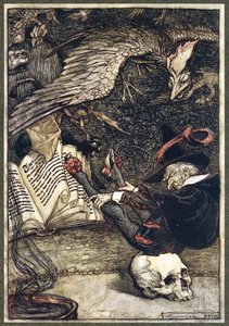 Mały człowieczek usiadł pośrodku kręgu na dużej czaszce z pubu The Ingoldsby Legends. 1907 autorstwa Arthur Rackham