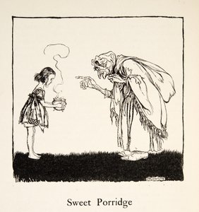 Maluszek poszedł i przyniósł pudełko, z Little Brother & Little Sister and Other Tales by the Brothers Grimm, pub.1917 (lito) autorstwa Arthur Rackham