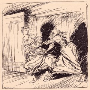 A velha agarrou-a pelo vestido e tentou segurá-la. Ilustração de Arthur Rackham do Conto de Fadas de Grimm, A Árvore Encantada.polonês autorstwa Arthur Rackham