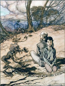 Syn utworzył krąg, a jego ojciec i on zajęli w nim miejsca, i pojawił się mały czarny manekin, ilustracja z Króla Złotej Góry w Bajkach braci Grimm,