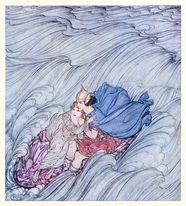 Fale wszystkich światów zdawały się wirować obok nich w jednym wielkim zielonym dywanie z Becuma of the White Skin w irlandzkich bajkach autorstwa Arthur Rackham