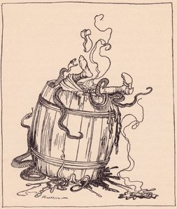 Złą teściową wsadzono do beczki pełnej wrzącego oleju i jadowitych węży. Ilustracja autorstwa Arthura Rackhama z baśni braci Grimm, Dwunastu braci, opublikowanej pod koniec XIX wieku. autorstwa Arthur Rackham