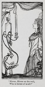 Zła królowa przeglądająca się w lustrze z Przebiśnieg (Królewna Śnieżka) autorstwa Arthur Rackham