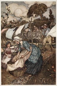 Kobiety z wioski zatrudniały go do takich drobnych prac dorywczych, jakich ich mniej usłużni mężowie nie zrobiliby dla nich., z Rip Van Winkle wyd. Washington Irving, pub. 1910 autorstwa Arthur Rackham