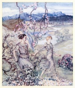 Potem [Iollan i Tuiren] poszli ramię w ramię w kraju pachnącym kwiatem jabłoni i miodem. z Narodzin Otrębów w irlandzkich bajkach autorstwa Arthur Rackham