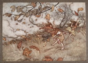 Nie ma prawie nic, co miałoby tak żywe poczucie zabawy jak opadły liść, od Piotrusia Pana w Kensington Gardens JM Barrie (1860 - 1937), wyd. 1906 autorstwa Arthur Rackham