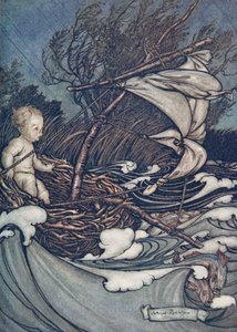 Teraz rozpętała się potężna burza i został rzucony tam i z powrotem... od Piotrusia Pana w Kensington Gardens przez JM Barrie (1860 - 1937), wyd. 1906 autorstwa Arthur Rackham