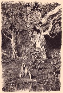 Siedziała tam i siedziałaby jeszcze długo, gdyby nie szelest i trzask w konarach najbliższego drzewa. Ilustracja autorstwa Arthura Rackhama z baśni Grimm The Goose Girl at the Well. autorstwa Arthur Rackham