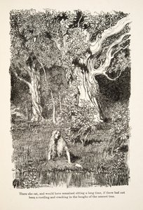 Siedziała tam i siedziałaby długo, gdyby nie szelest i trzask w konarach najbliższego drzewa, z Little Brother & Little Sister and Other Tales by the Brothers Grimm, wyd. 1917 (lito) autorstwa Arthur Rackham