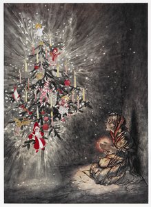 Tam siedziała pod piękną choinką”. Młoda dziewczyna patrząca na jasno oświetloną choinkę. Kolorowa ilustracja do opowiadania „Dziewczynka z zapałkami”. autorstwa Arthur Rackham