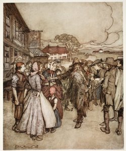 Stłoczyli się wokół niego, przyglądając mu się od stóp do głów z wielką ciekawością. Z pubu Rip Van Winkle by Washington Irving. 1910 autorstwa Arthur Rackham
