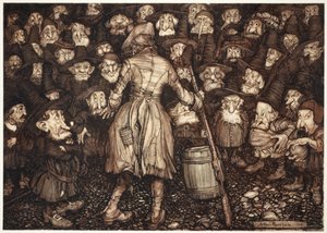 Wpatrywali się w niego tak nieruchomym, posągowym wzrokiem, że serce zakręciło się w nim, a kolana zderzyły się razem., z pubu Rip Van Winkle by Washington Irving. 1910 autorstwa Arthur Rackham