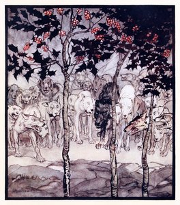 Stali na zewnątrz, przepełnieni dzikością i przerażeniem. z Zaczarowanej Jaskini Cesh Corran w irlandzkich bajkach autorstwa Arthur Rackham