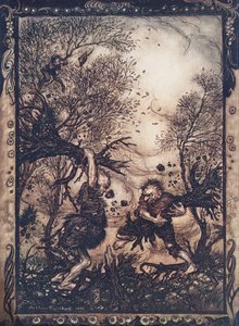 Wpadli w taką wściekłość, że wyrywali drzewa po korzenie i rąbali się nawzajem, aż obaj padli martwi, z pubu The Fairy Tales of the Brothers Grimm. 1909