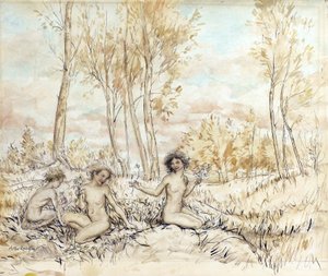 Trzy leśne nimfy zbierające kwiaty (pióro i atrament oraz toaleta na papierze) autorstwa Arthur Rackham