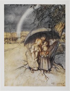 Troje dzieci ukrywających się pod parasolem z tęczą. „Deszcz, deszcz, jedź do Hiszpanii”. autorstwa Arthur Rackham