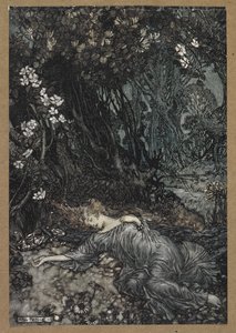 Tytania śpiąca”. Kadr z filmu „Sen nocy letniej”. autorstwa Arthur Rackham
