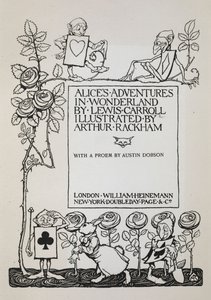 Strona tytułowa z krzakiem róży, Białym Królikiem i mężczyznami przebranymi za karty autorstwa Arthur Rackham