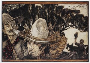 Tom Thumb siedzi na rondzie kapelusza. autorstwa Arthur Rackham
