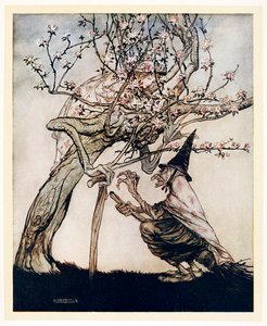 Moje drzewo! O moje drzewo! Widziałeś moją niegrzeczną pokojówkę, English Fairy Tales, pub 1922. autorstwa Arthur Rackham
