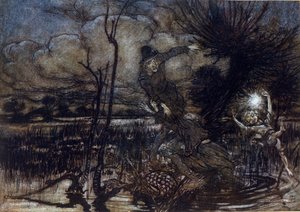 Dwóm postaciom nie udaje się utonąć w bagnie, Puck pomaga im rozpalić ogień. Ilustracja Arthura RACKHAMA (1867-1939) do „Snu letniej nocy” Williama Szekspira autorstwa Arthur Rackham