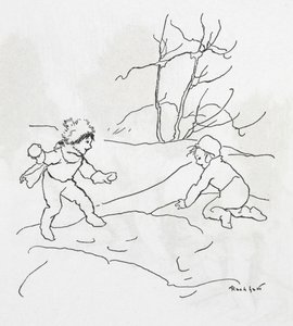 Dwoje dzieci podczas bitwy na śnieżki autorstwa Arthur Rackham