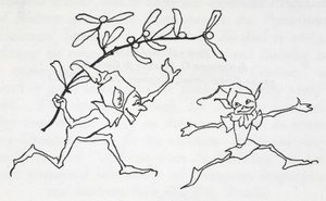 Dwa bawiące się elfy, jeden niosący gałązkę jemioły autorstwa Arthur Rackham