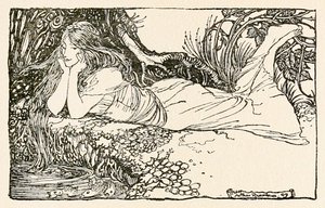 Undine wpatrująca się w wodę, z „Undine” autorstwa Arthur Rackham