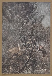 W górę iw dół, w górę iw dół, goblinie, prowadź ich w górę iw dół”. Kadr z filmu „Sen nocy letniej”. autorstwa Arthur Rackham