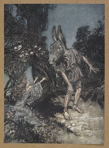 „Jaki anioł budzi mnie z kwiecistego łóżka?” Tytania i dno. Kadr z filmu „Sen nocy letniej”. autorstwa Arthur Rackham