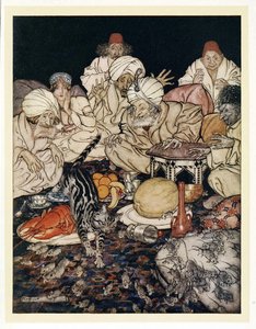 Kiedy Kot zobaczył szczury i myszy, nie czekała, aż im to powiedziano, z pubu English Fairy Tales. 1922 autorstwa Arthur Rackham