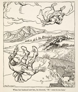 Kiedy jej mąż ją zobaczył, krzyknął: „Cześć! Chodź tu do mnie”, z Little Brother & Little Sister and Other Tales by the Brothers Grimm, wyd. 1917 (lito) autorstwa Arthur Rackham