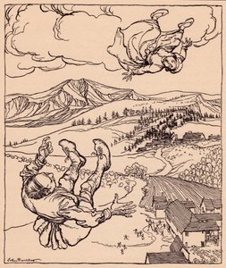 Kiedy jej mąż ją zobaczył, krzyknął: Cześć! chodź do mnie tutaj”. Ilustracja Arthura Rackhama z baśni Grimm Młody olbrzym. autorstwa Arthur Rackham