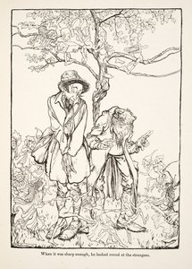 Kiedy było wystarczająco ostre, rozejrzał się po nieznajomych, z Little Brother & Little Sister i Other Tales by the Brothers Grimm, pub.1917 (lito) autorstwa Arthur Rackham