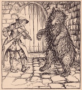 Kiedy niedźwiedź usłyszał muzykę, nie mógł powstrzymać się od tańca. Ilustracja autorstwa Arthura Rackhama z baśni braci Grimm, Przebiegły mały krawiec. autorstwa Arthur Rackham